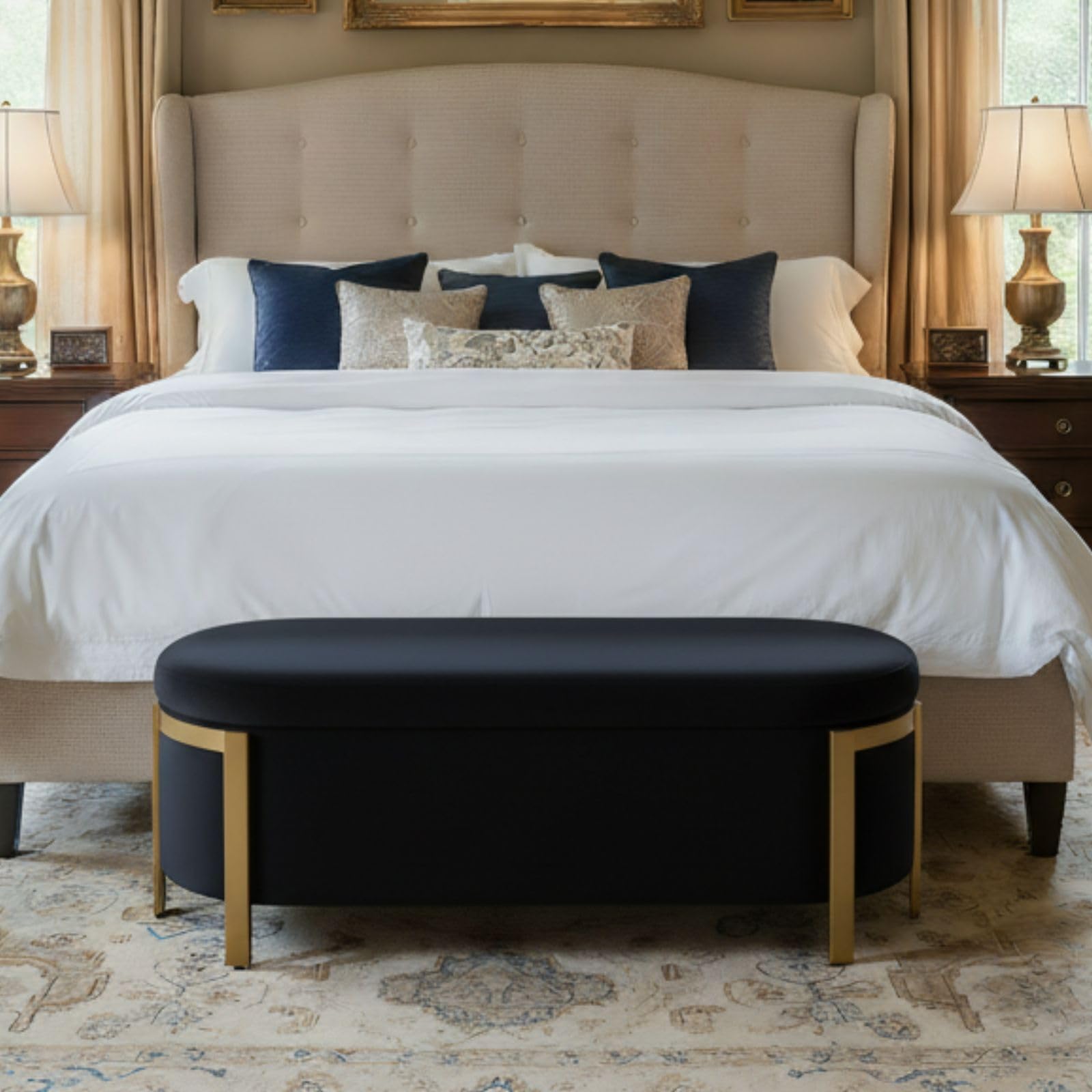 Hyfirm 48" Black and Gold Velvet Storage Ottoman Bench, 4ft Modern Mid Century Upholstered Stool with Padded Seat, Long Oval Settee for Bedroom,