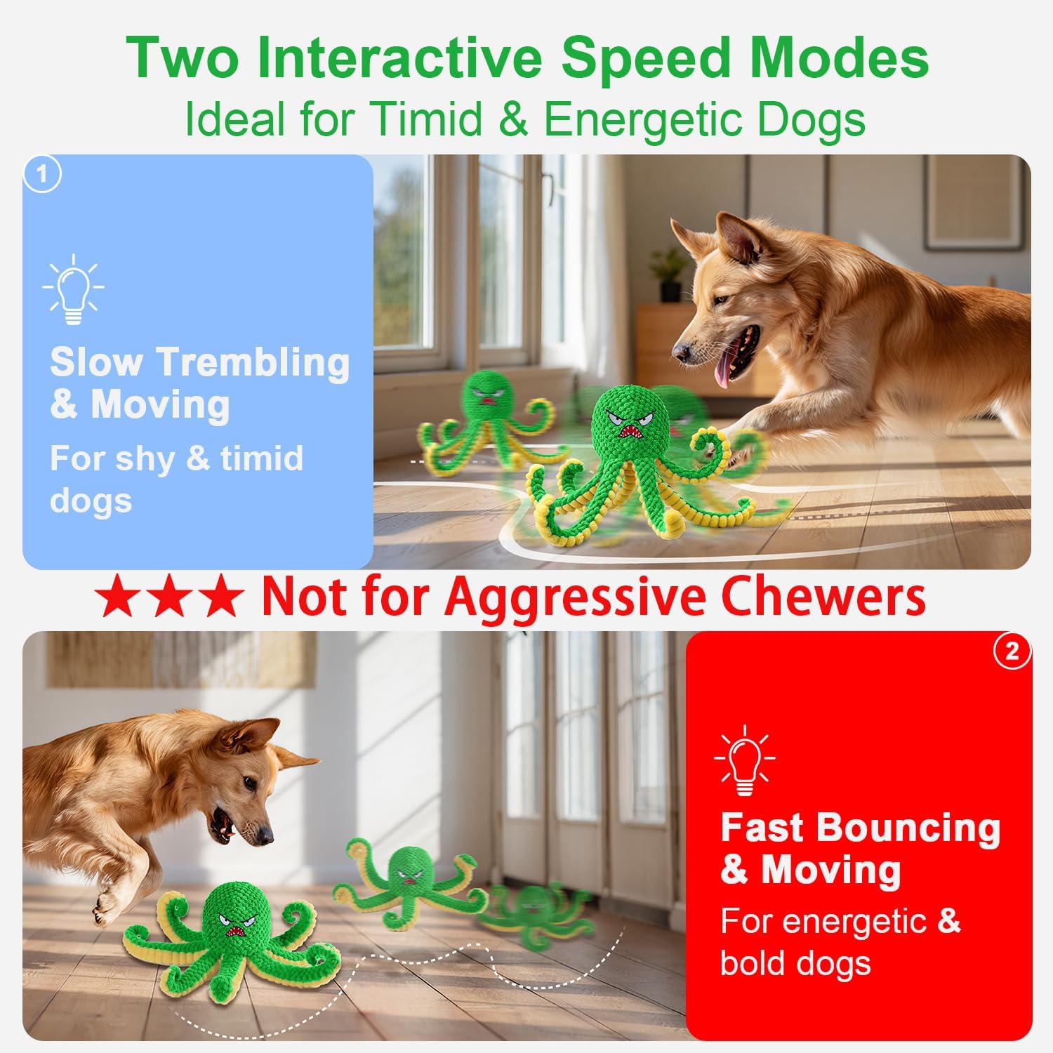 Interactive Dog Toys Octopus,Durable Automatic Jumping Dog Toy to Keep Them Busy,Squeaky Moving Tug of War Doggie Toy,USB Rechargeable,Not for Aggressive Chewers (Green) - Image 2