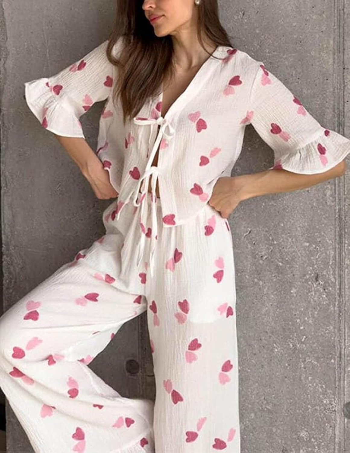 codcm Womens Cotton Pajama Set Ruffle 2 Piece Tie Front Shirt and Long Pants Cute Printed Sleepwear