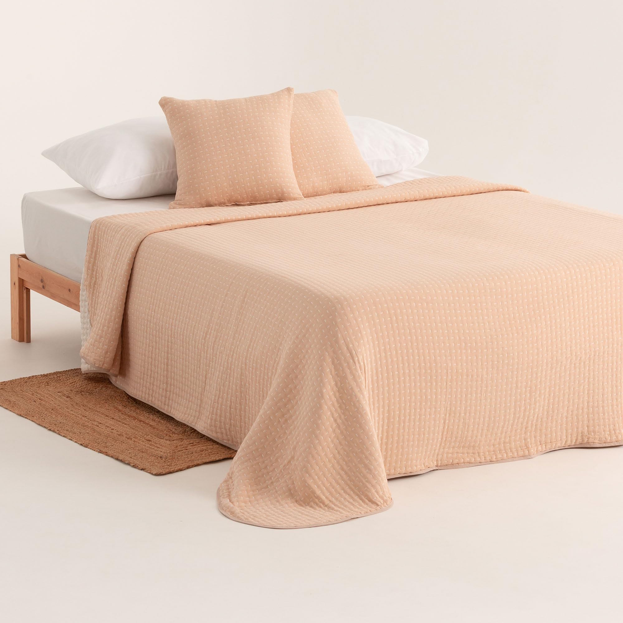 GAMUSI Colcha Cama 150 cm Moderna Ligera Entretiempo Primavera Verano Lisa algodón, 250x270 cm, Color Beige