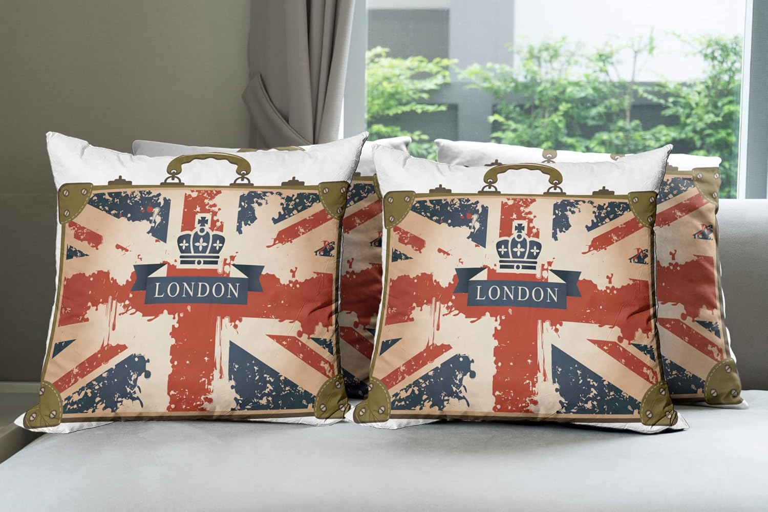 Ambesonne Union Jack Decorative Throw Pillow Case Pack of 4, Vintage Travel Themed Print of British Flag London and Crown Image, Cushion Cover for Couch Living Room Car, 24", Dark Blue Brown and Red