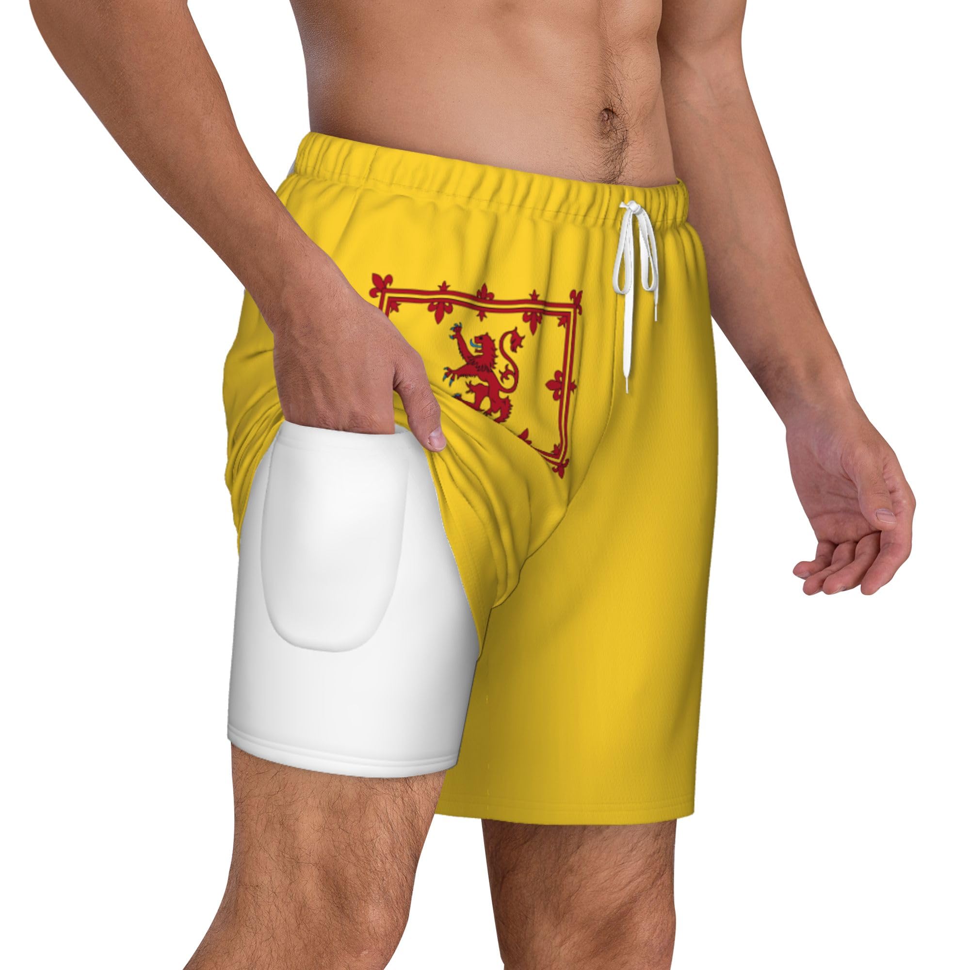 peiyeety Mens Swim Trunks with Compression Liner Beach Board Shorts Quick Dry Swimming Short -Scotland Scottish Rampant Lion White
