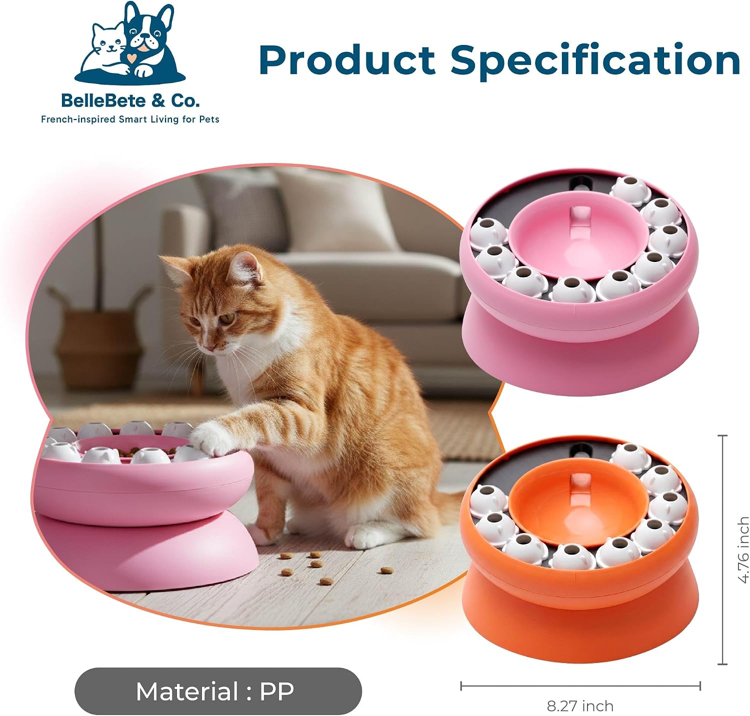 BelleBête & Co. 2-in-1 Elevated Cat Slow Feeder Bowl – 15° Tilted Interactive Puzzle Toy Feeder with Rotate-to-Feed & Non-Slip Base, Anti-Gulping & Digestive Health for Indoor Cats | Orange