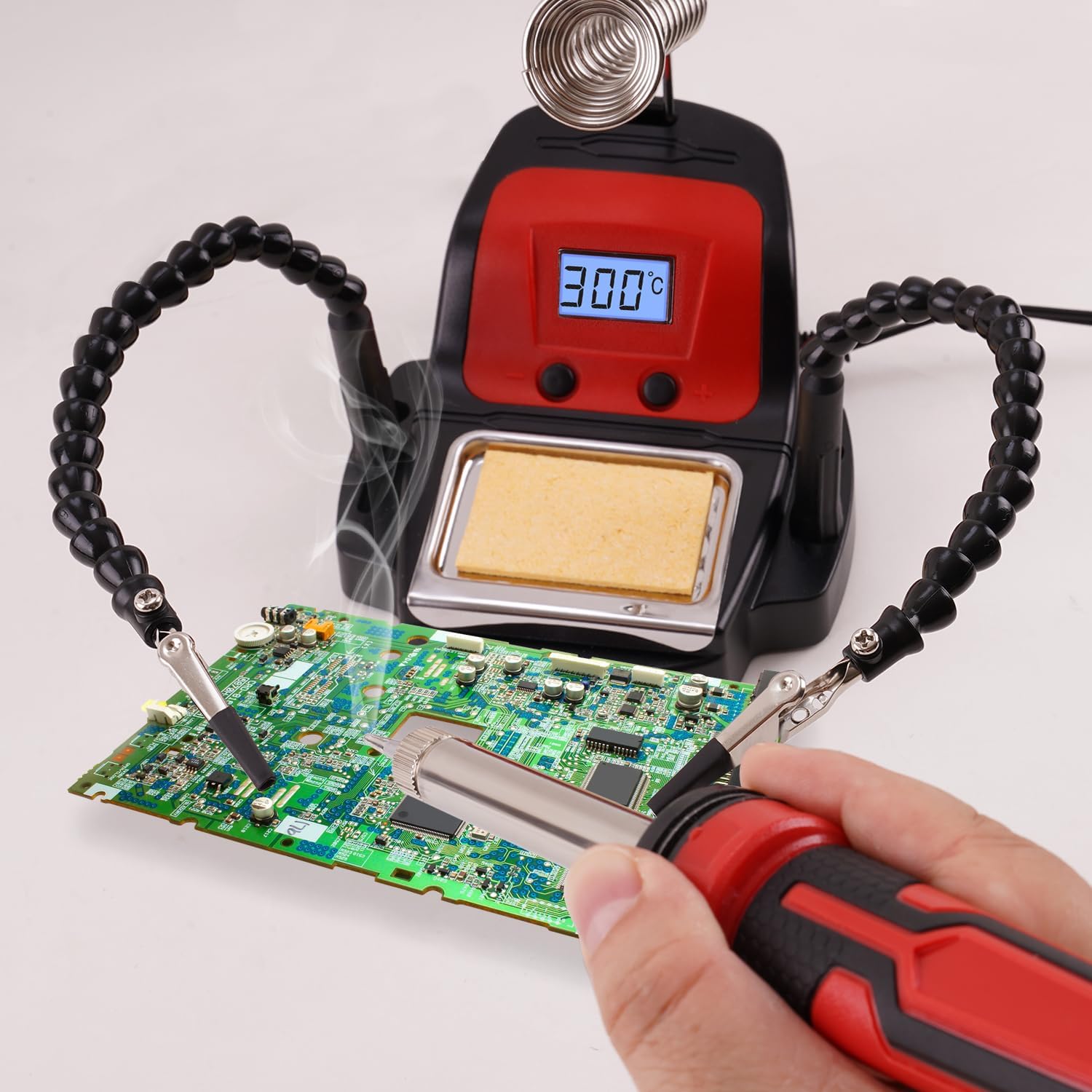 Noah Multifunctional Soldering Station with Alligator Clips, Display Soldering Iron Station Kit with 2 Helping hands, 2 Extra Iron Tips, Lead-Free Solder,Red
