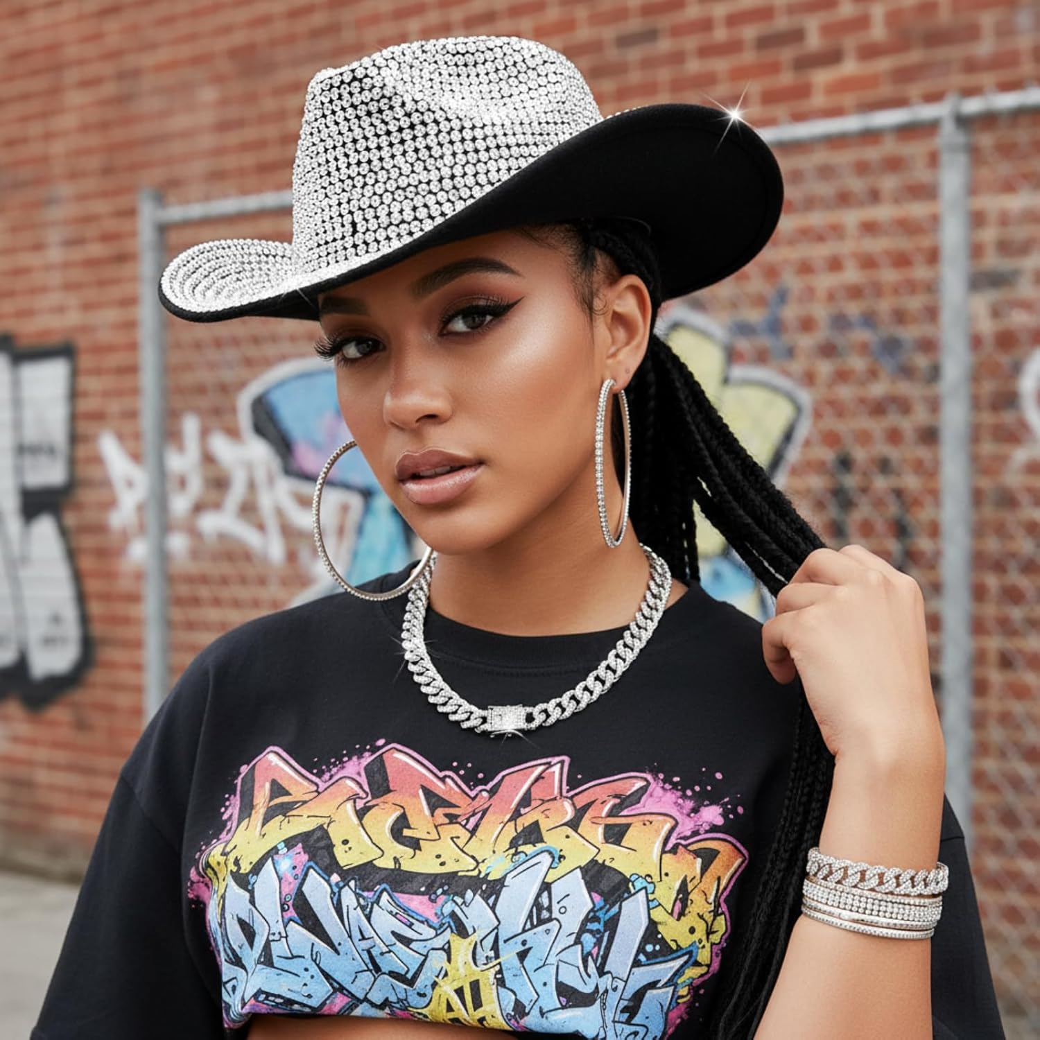 Hercicy Cowgirl Outfit for Women Silver Rhinestone Cowboy Hat with Bling Cuban Link Chain Necklace Bracelet Circle Earring - Image 6