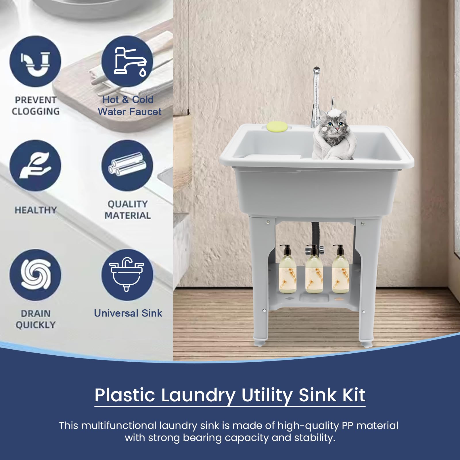 Goudergo Freestanding Plastic Laundry Sink with Washboard, Indoor Outdoor Utility Sink with Cold and Hot Water Faucet, Hoses Drain Kit for Laundry Room & Garage…