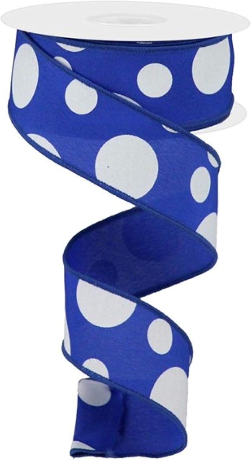 Three Size Polka Dot Wired Edge Ribbon - 10 Yards (Royal Blue, White, 1.5 Inch)