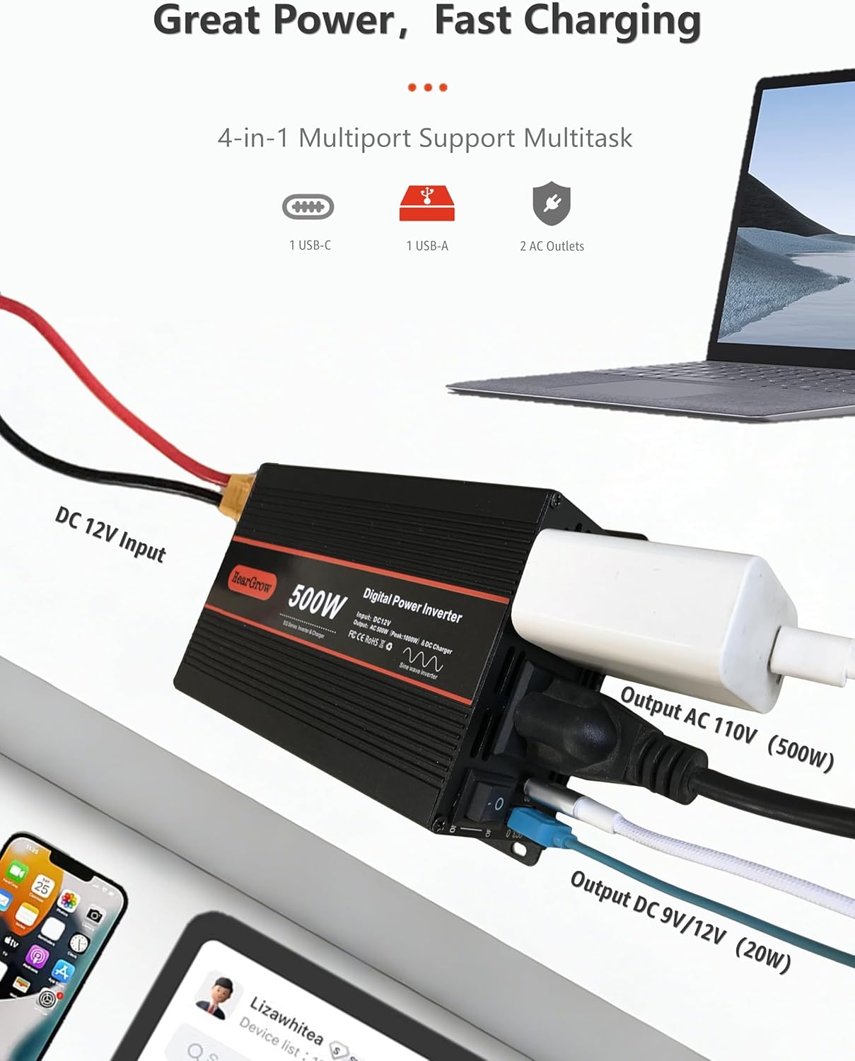 500W Pure Sine Wave Power Inverter DC 12V to AC 110V with 2 AC Outlets,1 USB-A and 1 USB-C Ports for Car, RV, Truck