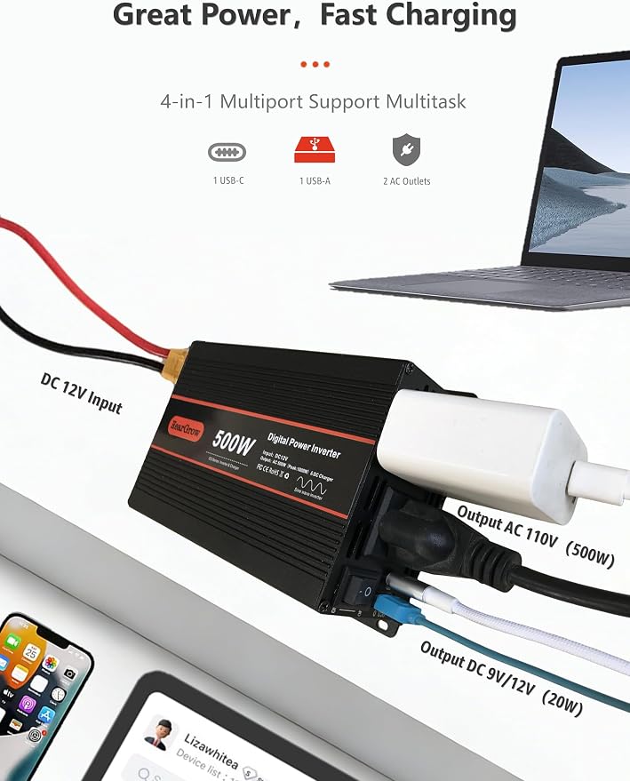 Inversor de Corriente 500W Onda Sinusoidal Pura 12V a 110V miniatura 2