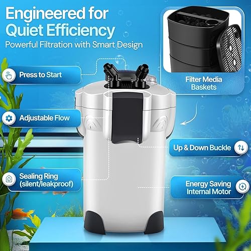 Miniatura 6 de Flexzion Filtro de recipiente para acuario con caudal de 265 GPH, barra de pulverización y filtración de medios de 3 etapas para tanques de peces de