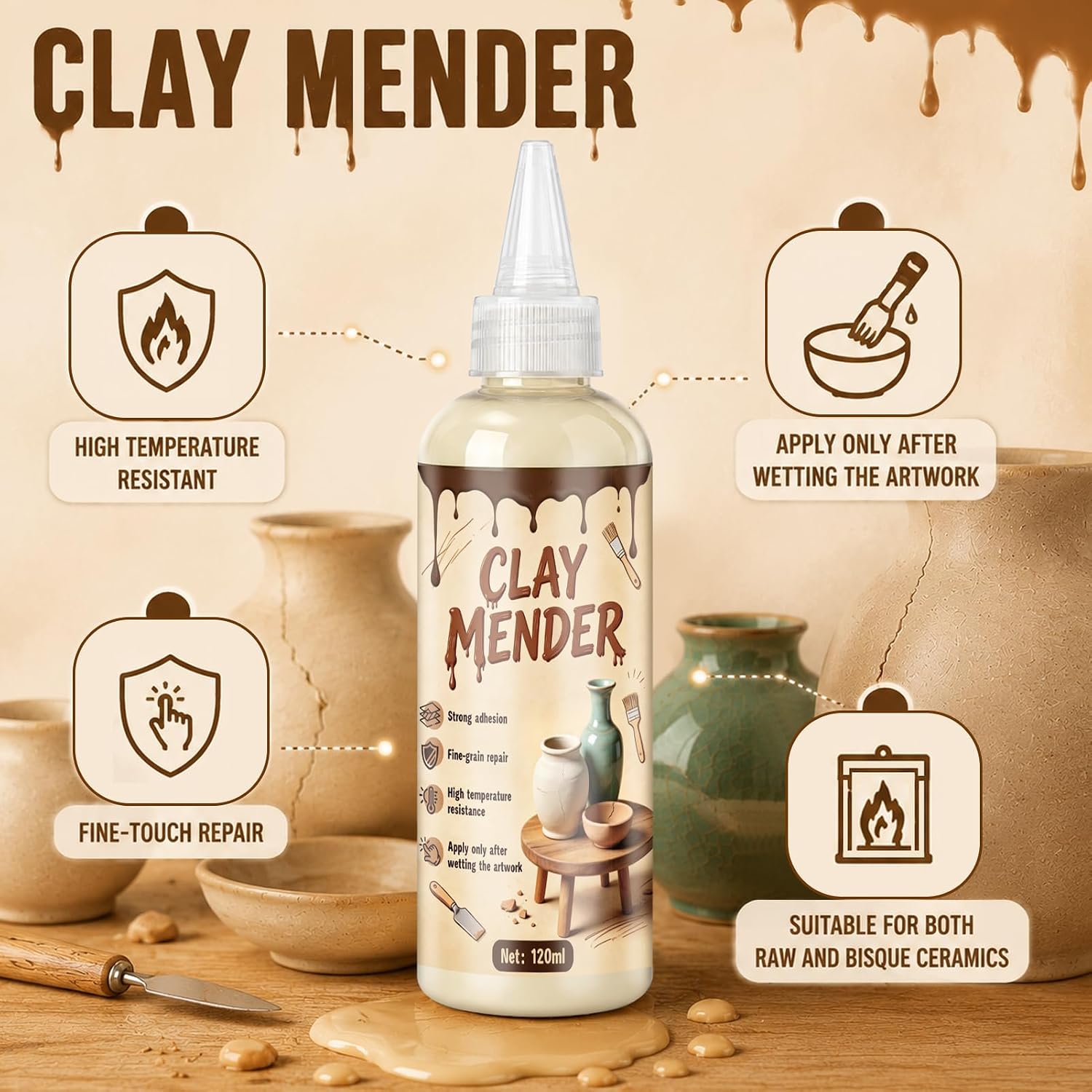 Clay Mender, Bisque Fix for Pottery High Temperature Resistance Strong Adhesion Cone 04 Firing Smooth Delicate Texture for Repair Cracks Bond Damaged Green and Bisque, 120ml