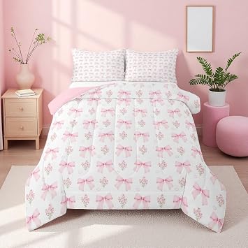 Erosebridal Pink Bow Full Comforter Set,Girls Pink Floral Coquette Bedding Set Romantic Princess Bowknot Comforter for Kids Bow Knot Ribbon Heart Duvet Insert Garden Flower Quilt with 2 Pillow Cases