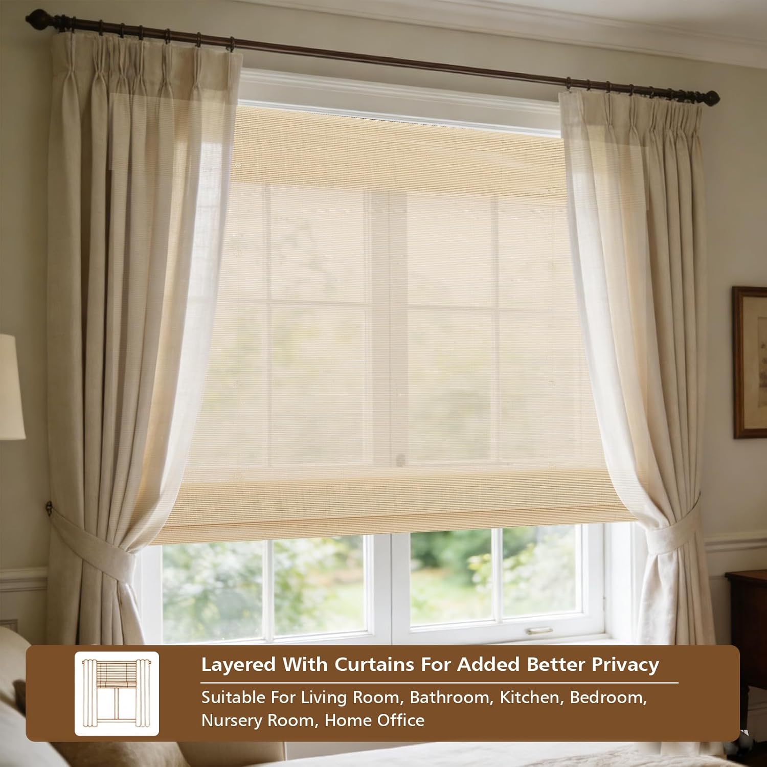 Sunbox Blackout Bamboo Shades, Cordless Lined Roman Shades Window Blinds, Custom White Woven Bamboo Blinds for Bedroom, French Doors, Soft Cream