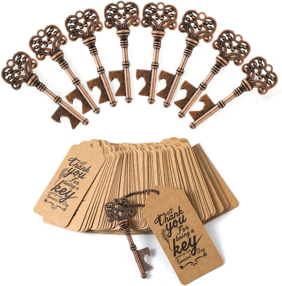 DerBlue 60 PCS Key Bottle Openers,Vintage Skeleton Key Bottle Opener, Wedding Favors Key Bottle Opener Rustic Decoration with Escort Tag Card