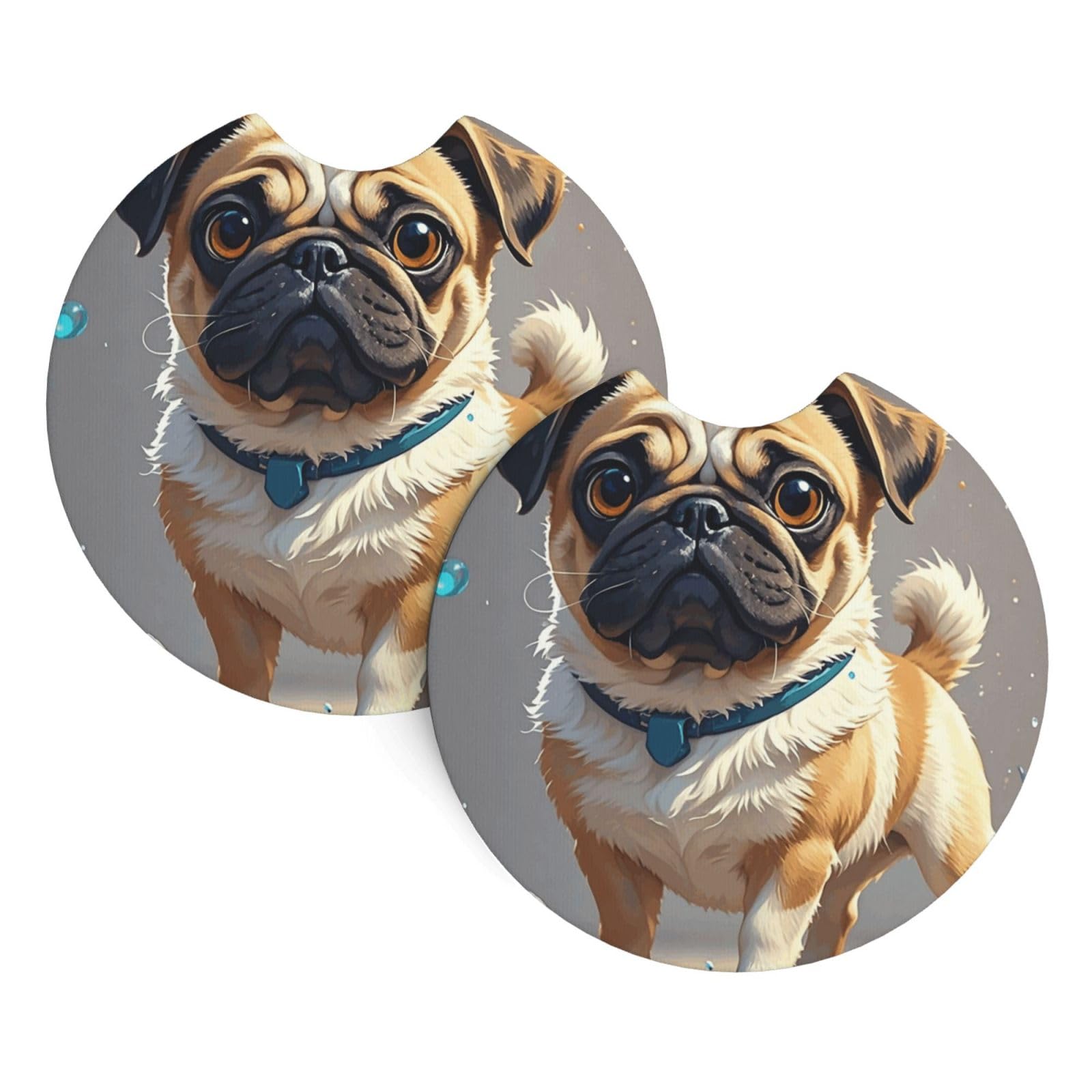 2 Pack Car Coaster for Cup Holders Pug Cartoon Car Cup Coaster 2.7" Neoprene Non-Slip Automotive Cup Mat Universal Auto Car Interior Accessories for Women Men Cup Pad