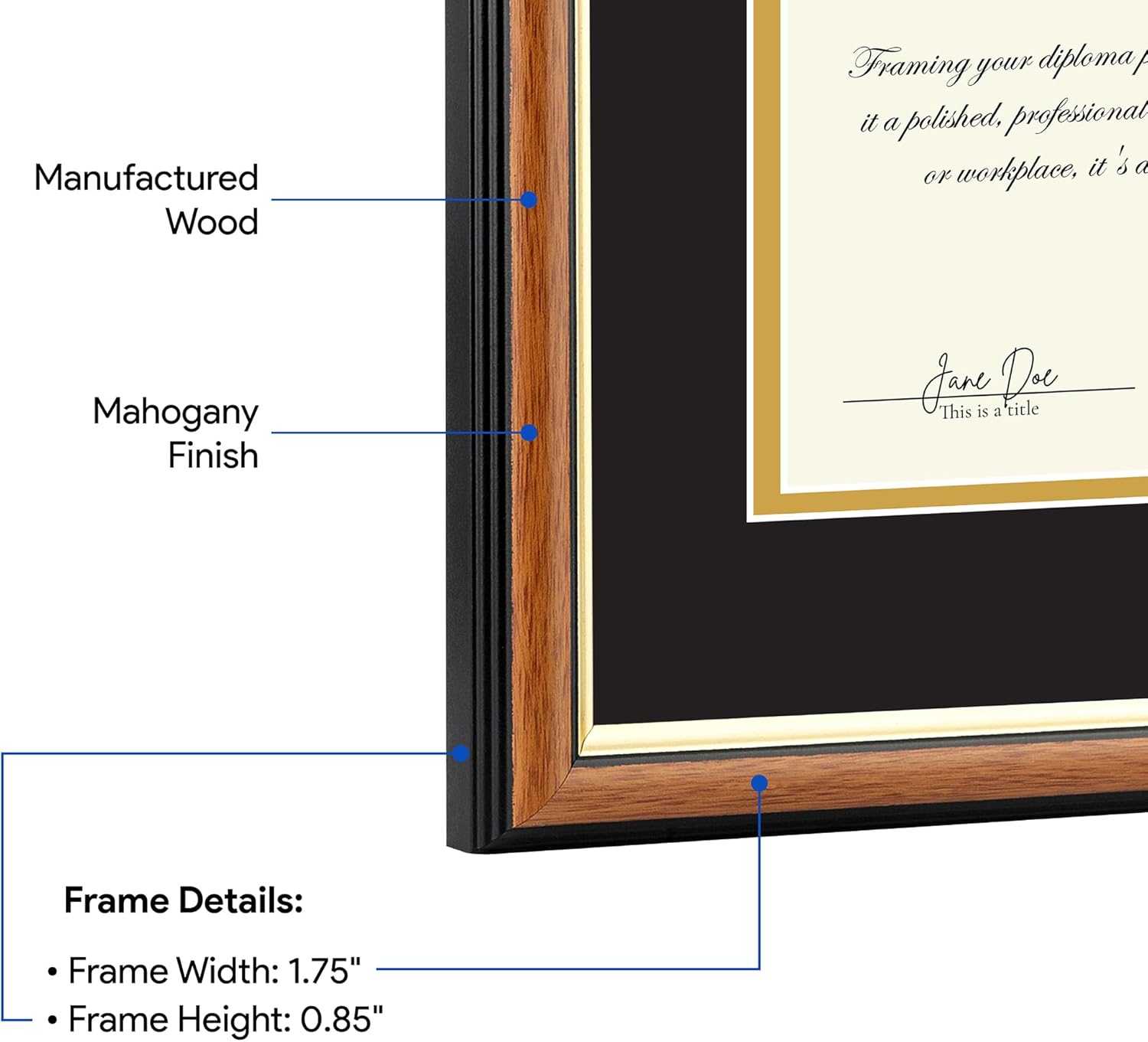 ArtToFrames 8.5x11 inch Diploma Frame & Certificate Frame with Honey with Gold MDF Picture Frame, Black and Gold Matting, Regular Glass and Easy To Hang Wall Hanging Hardware