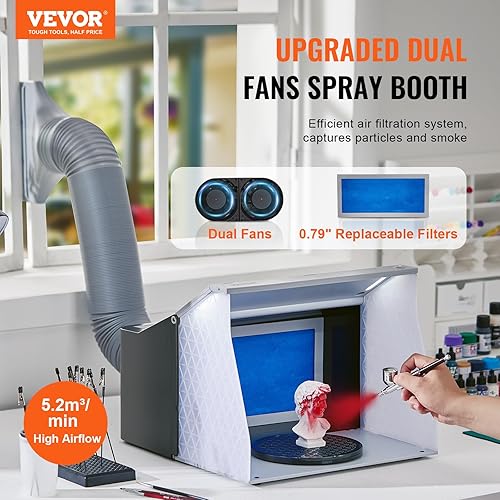 Miniatura 2 de VEVOR Cabina de aerosol para aerógrafo, kit portátil de cabina de aerosol de pintura con 4 luces LED, potentes ventiladores de escape duales, plato