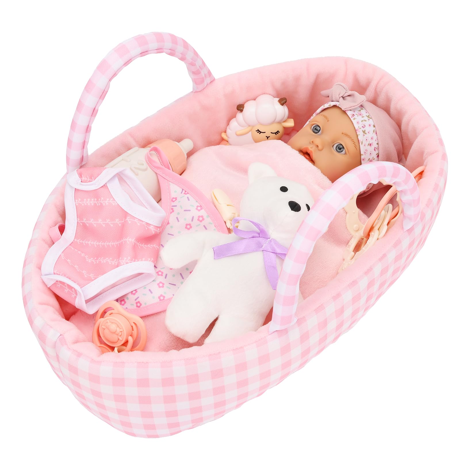 Miunana 1 Bambola Bambolotto New Born 30 CM 12 Pollici + Accessori | Bambola + Cappello + Vestito + Calze + Tasca + Pantaloncino + Bambola Calmante + Coperta + Cesto Da Letto + 4 Accessori