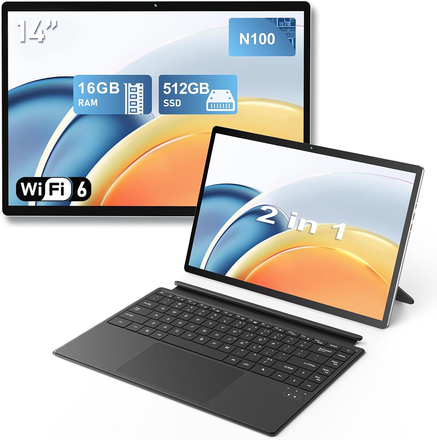 Ordinateur Portable 2-en-1, système Win 11 14 Pouces, équipé d'un processeur N100, 16 Go de RAM + 512 Go de SSD, Clavier rétroéclairé Laptop, écran Tactile et Port Type-C.