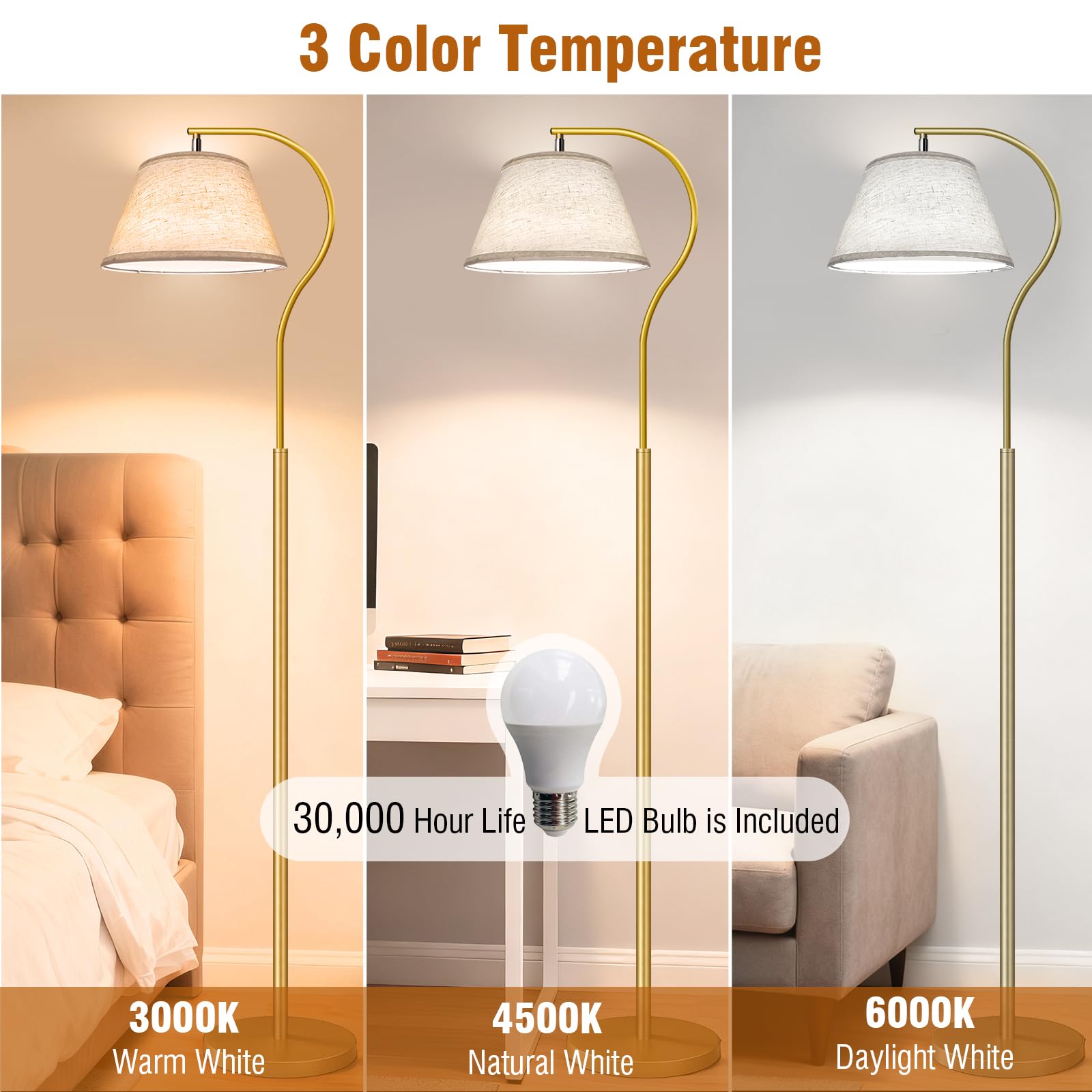 BBHome Lámpara de Pie para Salon, Lámpara de Arco con Pantalla e Interruptor de pie, Lampara pie Moderna con Bombilla LED de 9W, Lampara Salon E27 de 170 cm para salón, dormitorio (Dorado)