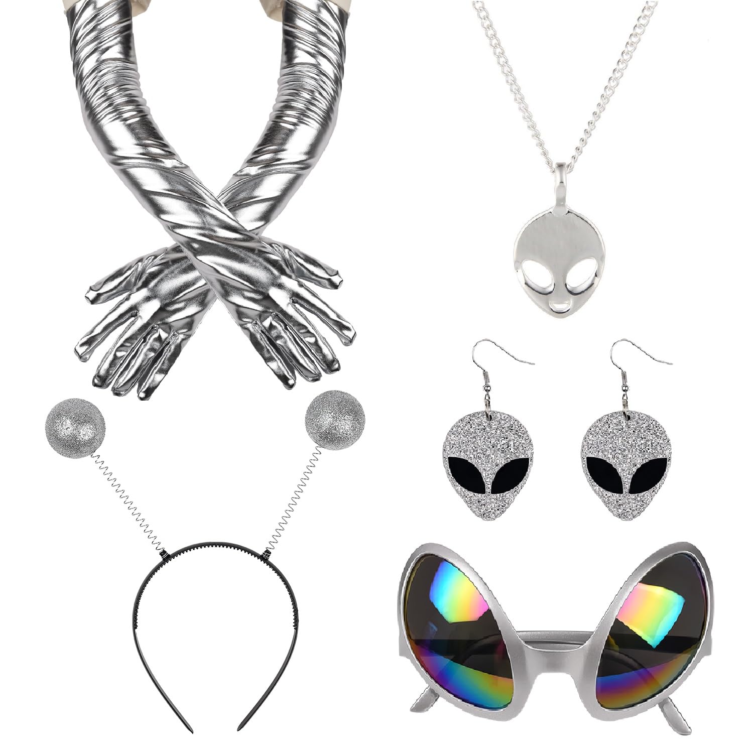 5 Pieces Alien Accessory Alien Ball Boppers Headband Silver Long Gloves Earrings Glasses Necklace Alien Cosplay Costume Accessories