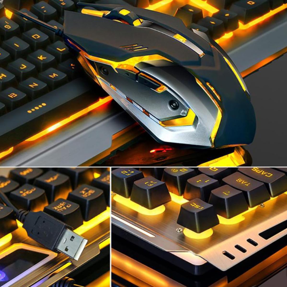 MAGICLULU Conjunto de Teclado Mecánico y Ratón Ergonómico para Juegos Teclas Flotantes y Función Multimedia Fn en Color Negro y Diseño Retro USB