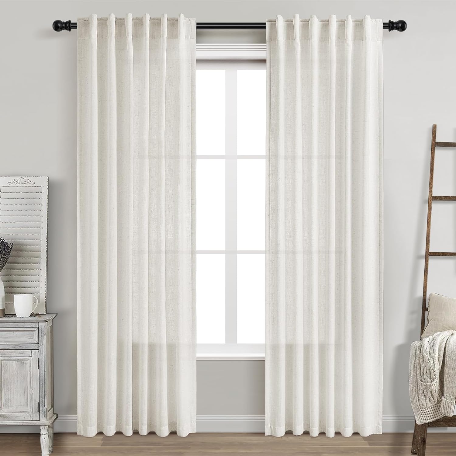 Cream Linen Curtains 84 Inch Length 2 Panels Back Tab Rod Pocket Semi Sheer Bedroom Curtains Light Filtering Country Closet Curtain Drapes Netural Farmhouse Window Panels for Living Dining Room 42x84