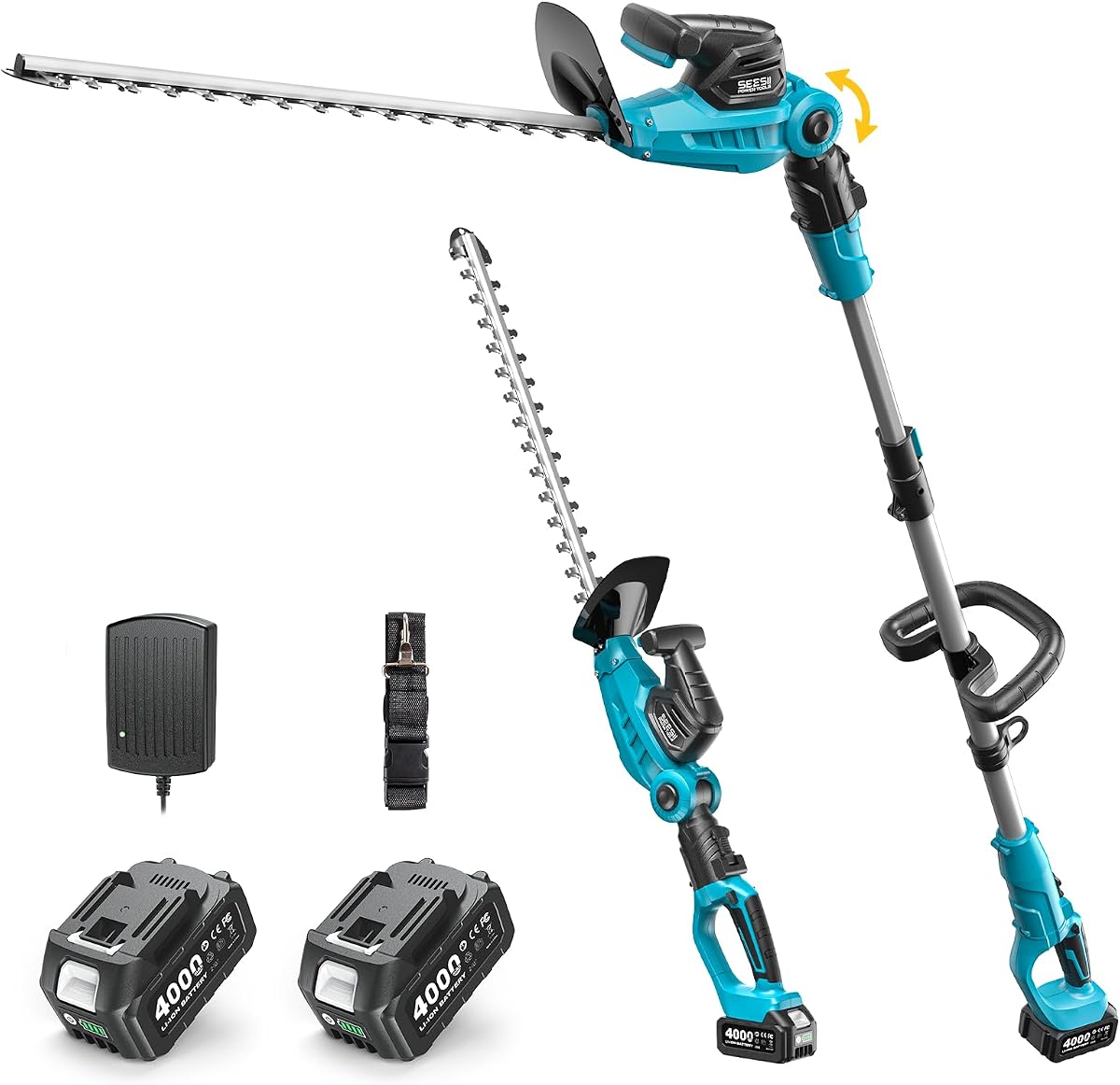 2-in-1 Pole & Hedge Trimmer Cordless,20" Electric Bush Trimmer 8.5ft | Dual-Action Blade, 2 Pcs 4.0Ah Batteries, Extension Pole, Adjustable Rotating Head, Battery Hedge Clippers for Yard Shrubs