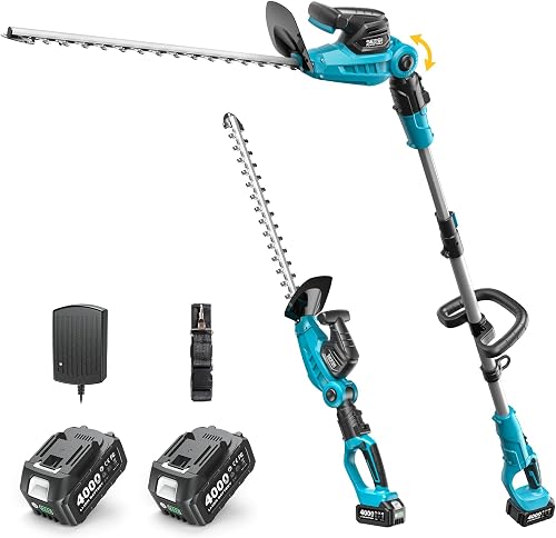 SEESII Cortasetos Telescópico Batería 20V, Diseño 2 en 1, Cuchilla 53 cm | 2 Baterías 4,0 Ah, Corte 18 mm, Alcance Telescópico 2,6 m, Cabezal Ajustable 150°, 2400 SPM, Correa, Uso Manual y con Poste