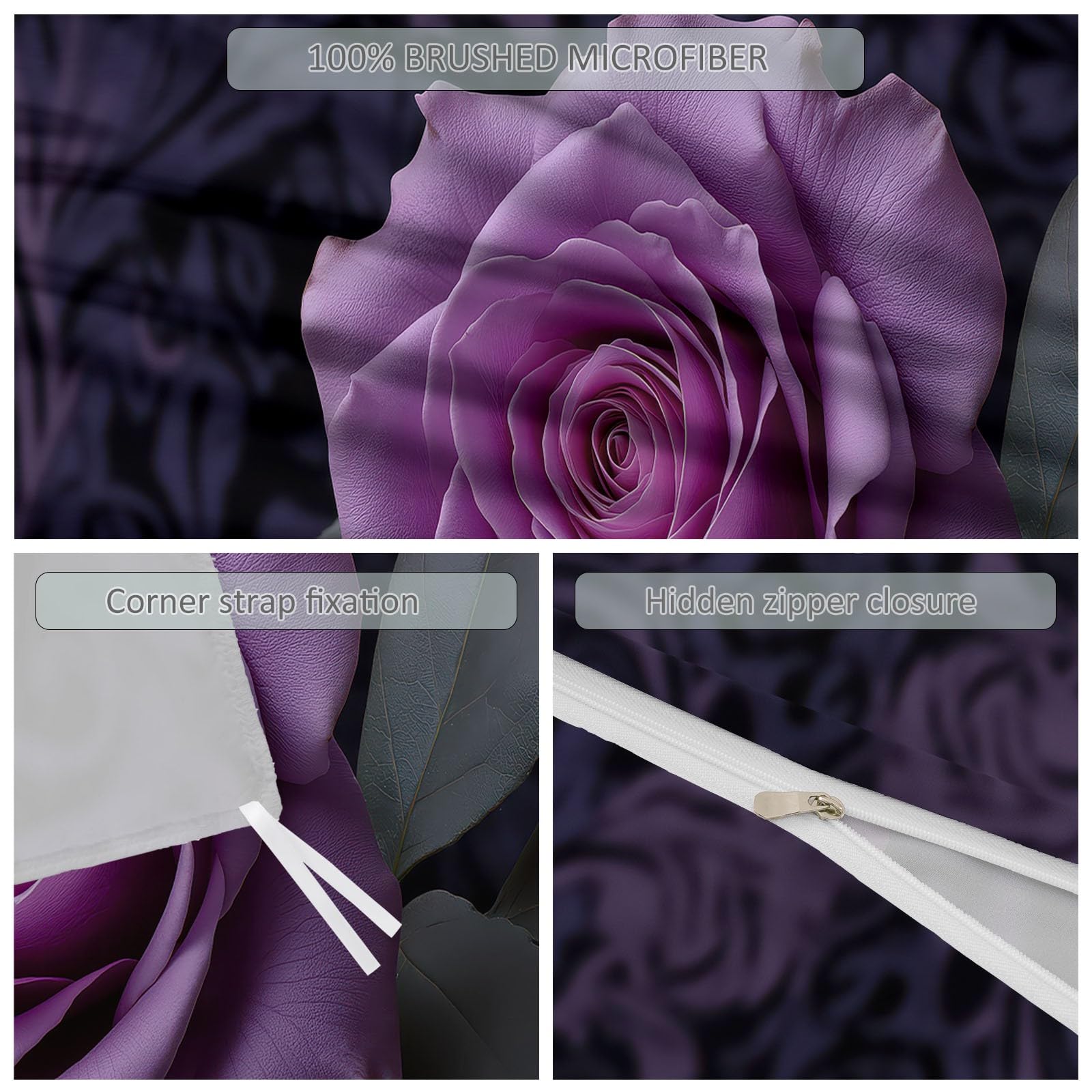 Liliowa ekskluzywna poszewka na kołdrę z wzorem Romance Purple Rose 200 x 200 cm z 2 poszewkami na poduszkę 80 x 80 cm, do sypialni rodziców