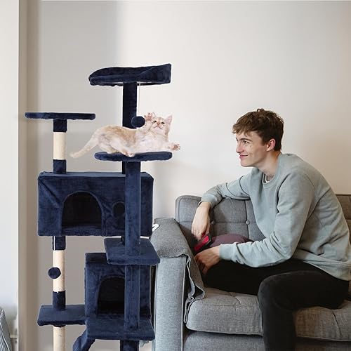 Miniatura 2 de Torre de árbol para gatos de interior, torre para gatos de varios niveles de 54 pulgadas para gatos grandes, casa alta de árbol para gatos con poste
