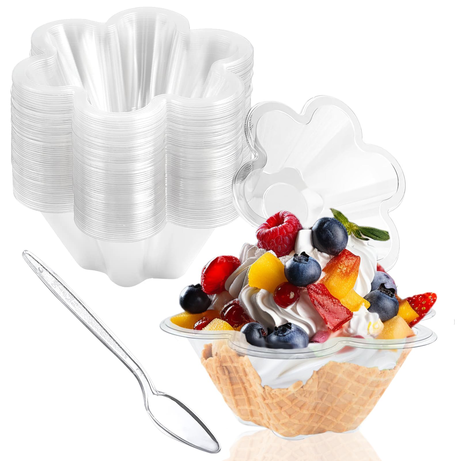 Onezebra Lot De 50 Gobelets à Dessert En Plastique Transparent Avec Couvercle Et Cuillere 210 Ml Accessoires De Fete Pour Mous