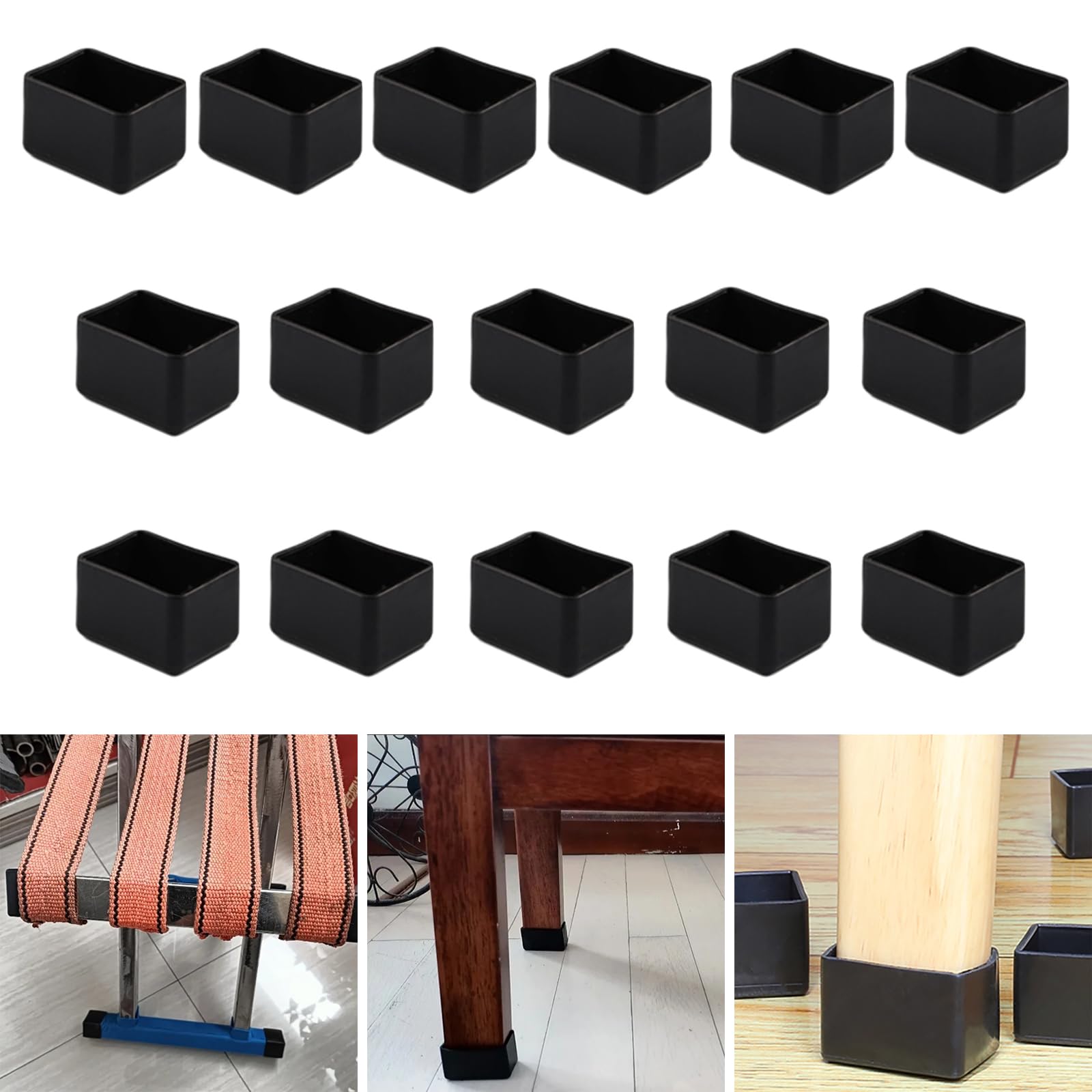 16Pcs Rectangle 20x30mm Silicone Chair Leg Floor Protector, Black Chair Leg Caps, Furniture Foot Protectors, Stool Leg caps to Prevent Hardwood Floor Scratches and Reduce Noise