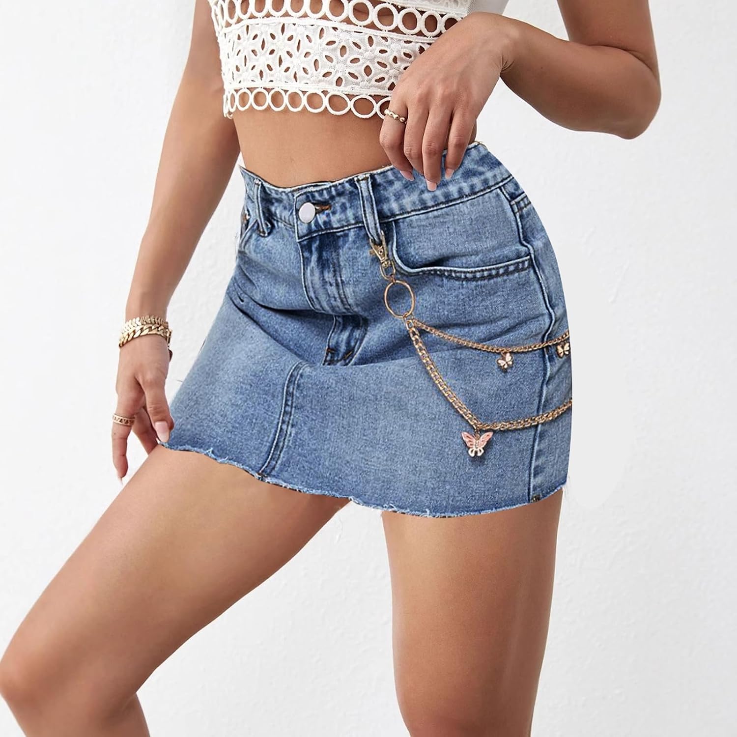 SESERAGI Women Jean Skirt Distressed Casual Short Trendy Stretchy Mini Denim Skirts with Pockets