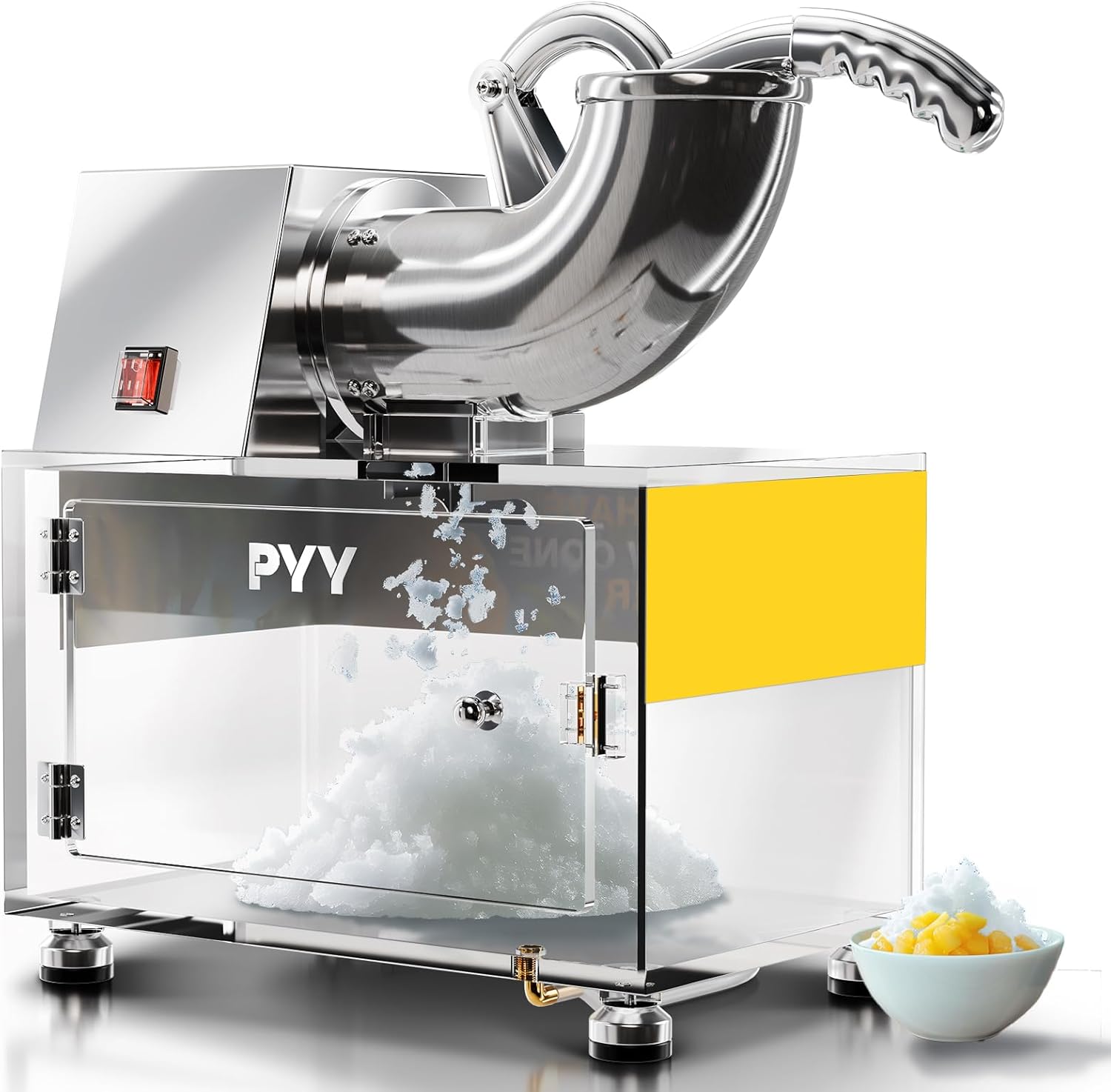 PYY Snow Cone Machine - Commercial Ice Crusher Shaver, Electric Crushed Shaved Snowcone Maker, All-Copper Motor 440LBS/H 1400RPM, Stainless Steel Full Body, Dual Blades, Acrylic Box and Drain Pipe