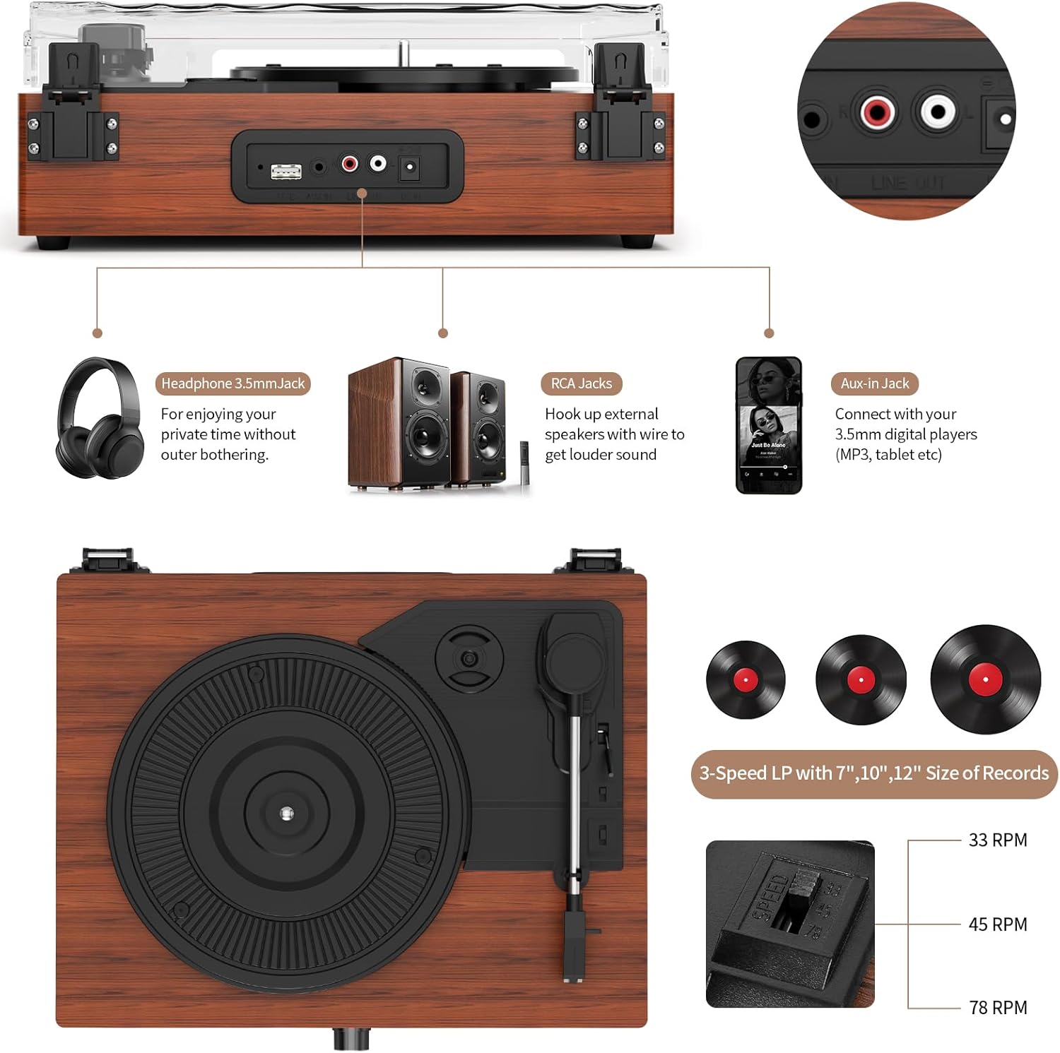 Vinyl Record Player Bluetooth Turntable with Built-in Speakers and USB Belt-Driven Vintage Phonograph Record Player 3 Speed LP Player Support USB Playing and Recording AUX-in RCA Line Out Orange