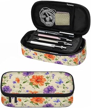 Flower Pencil Case Purple Orange Tropical Flower Watercolor Pencil Bag Pen Markers Pouch Holder Organizer for Boy Girl School Students
