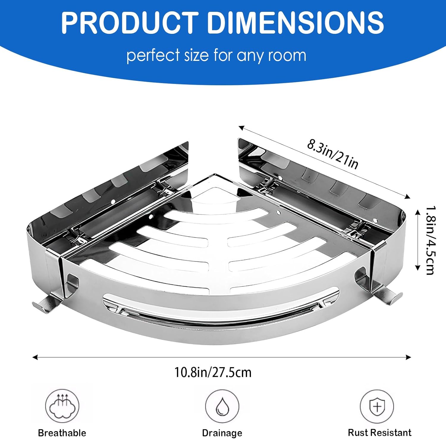 Wall-Mounted Corner Shelf, Single Pack, Bathroom Tray Organizer with 2 Hooks, Ideal for Bedroom, Living Room, Bathroom, and Kitchen (Silver)