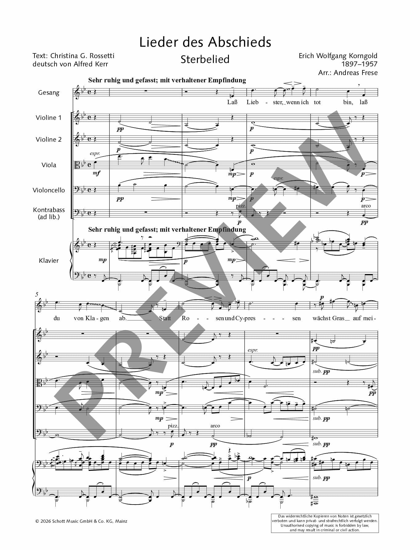 Lieder des Abschieds: Fassung für mittlere Stimme, Klavier und Streichquartett mit Kontrabass ad lib.. op. 14. mittlere Stimme, 2 Violinen, Viola, ... Partitur und Stimmen. (Edition Schott)