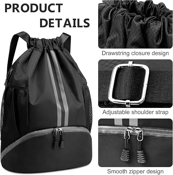 DDSHUN Drawstring Backpack, Waterproof Gym Bag, Unisex Large Oxford PE Pack Students School Backpack Swimming Bag Durable Sports Ball Bag with Shoe Bags