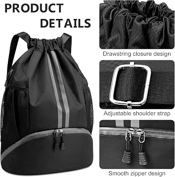 DDSHUN Drawstring Backpack, Waterproof Gym Bag, Unisex Large Oxford PE Pack Students School Backpack Swimming Bag Durable Sports Ball Bag with Shoe Bags
