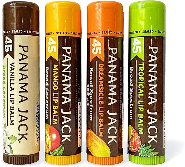 Panama Jack Sunscreen Lip Balm - SPF 45, Flavor Pack, Broad Spectrum UVA-UVB Sunscreen Protection, Prevents & Soothes Dry, Chapped Lips (Dreamsicle/Vanilla/Tropical/Mango)