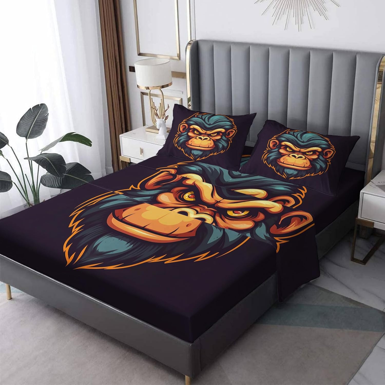 Monkey Sheets Twin Size, Cherry Blossom Wildlife Bed Sheets, Patterned Bedding Sheets & Pillowcases 3 Piece Set - Soft Microfiber Deep Pocket Fitted Sheet & Flat Sheet & Pillow Case J9-&-196