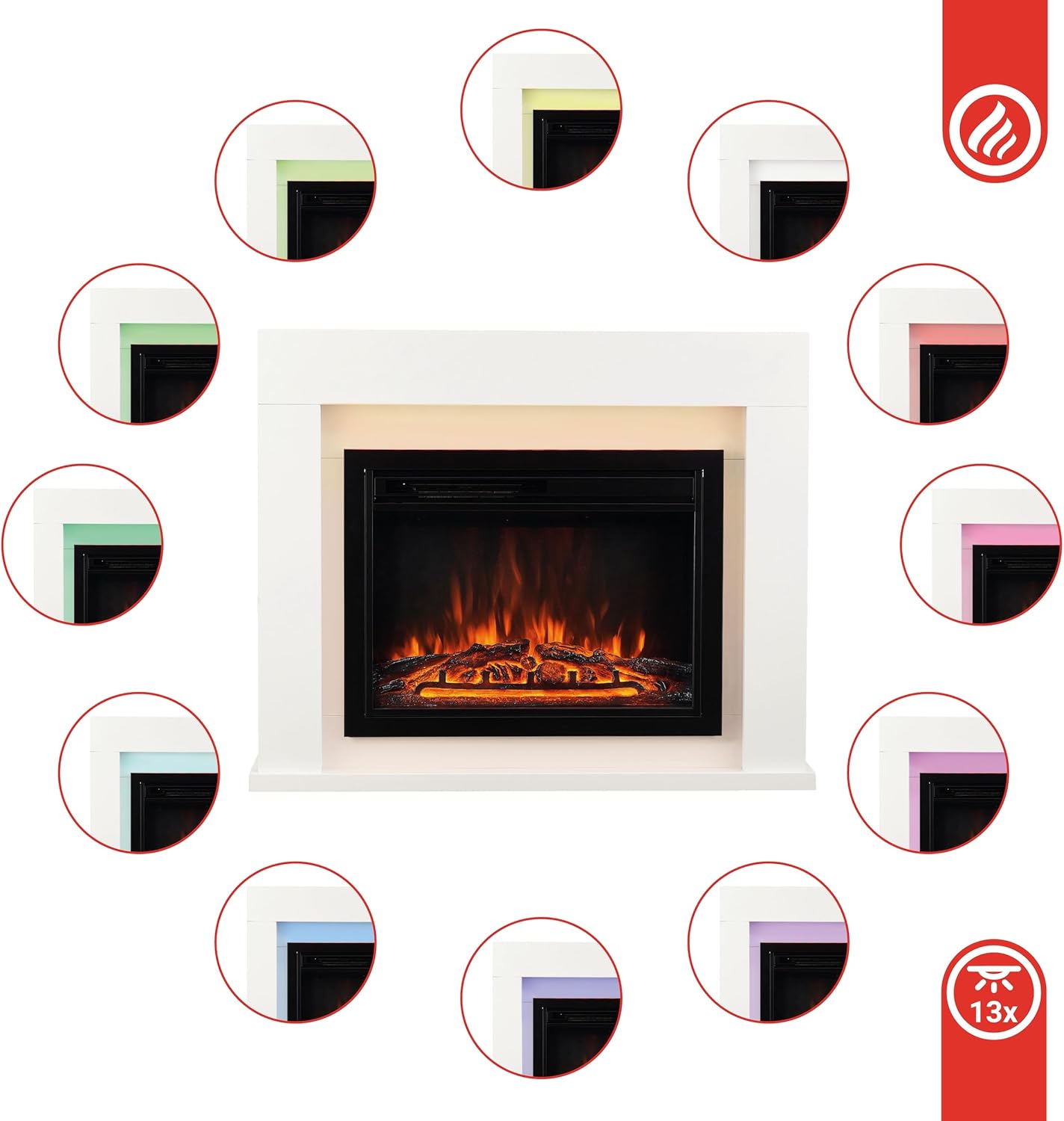 KAMINIO MATTI Electric Fireplace showing 13 ambient LED light colors