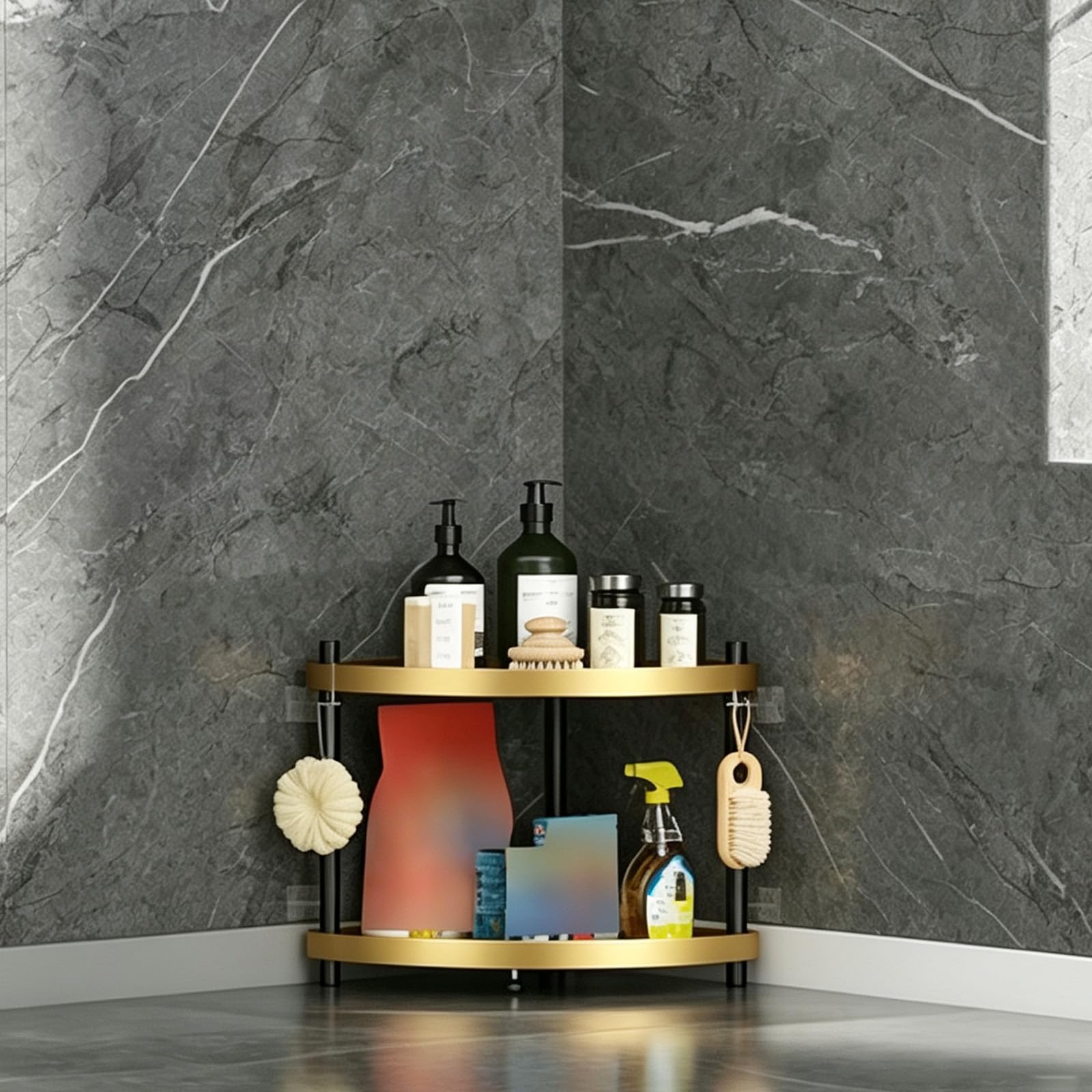 Mensola Doccia Senza Foratura, Porta Sapone per Doccia da Terra | Scaffale Angolare Da Terra In Inox, Grande Capacità Scaffale Bagno Con Ganci, Organizza I Tuoi Prodotti Da Bagno E Cucina