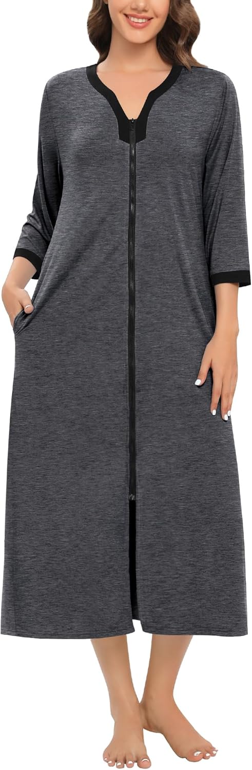 SWOMOG Women Zipper Robe Long Housecoat Zip Up Bathrobes Full Length Nightgown Loungewear with Pockets S-3XL