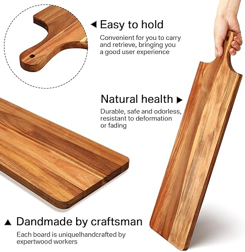 Miniatura 4 de 2 tablas de madera de acacia de 36 x 9 pulgadas, tabla de servir de acacia con asa, bandeja rectangular de madera de acacia, bandeja de madera para