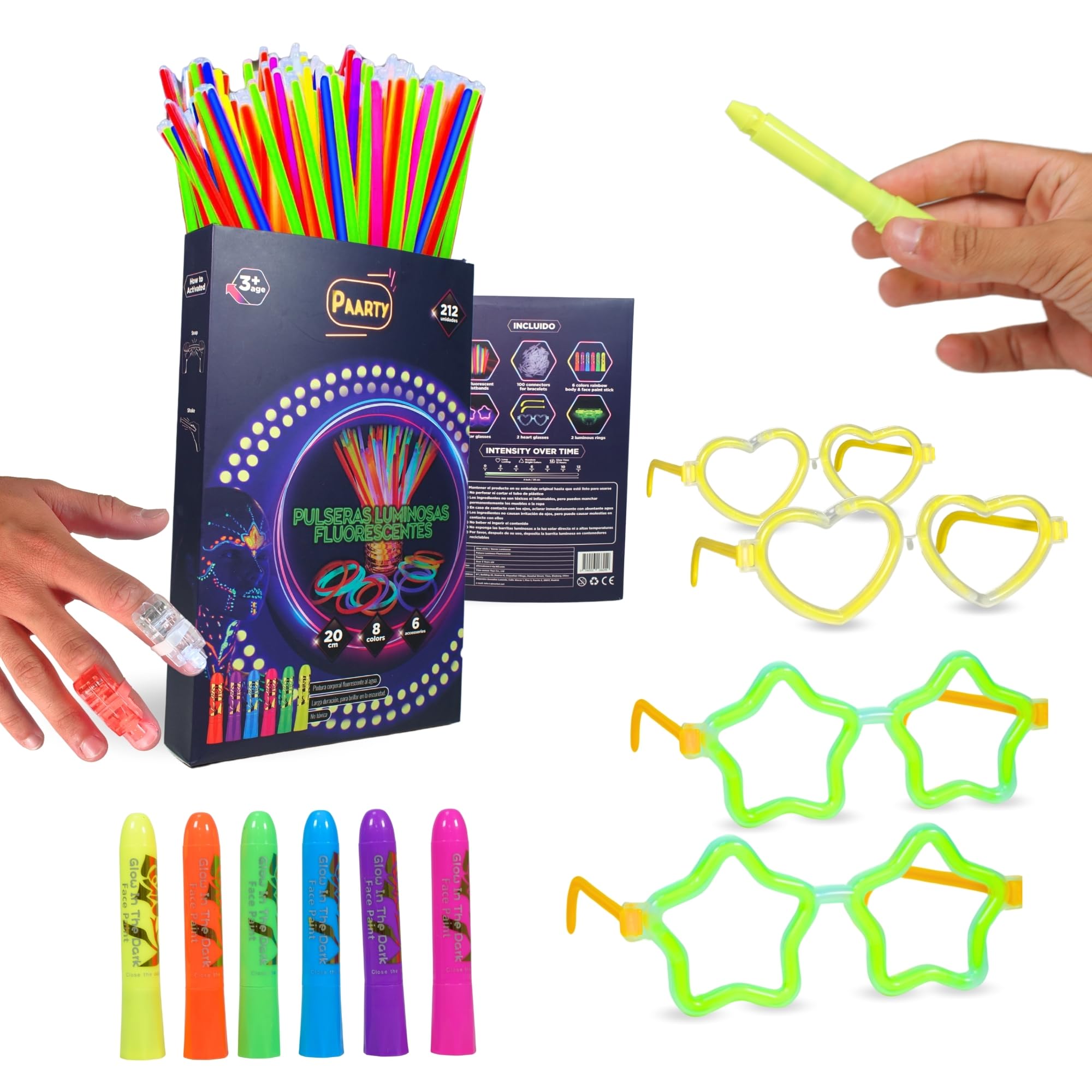 ALENZO Pulseras luminosas fluorescentes - palos luminosos para fiestas 100 pulseras fluorescentes 100 conectores 6 pinturas 4 gafas 2 anillos fiesta neon -barras luminosas fluorescentes- pulseras neon
