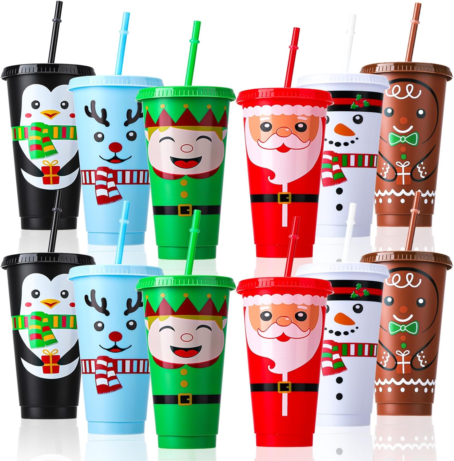 12 Pcs Reusable Christmas Cups with Lids and Straws, 24 oz Christmas Party Cups Plastic Tumblers for Xmas Party Supplies