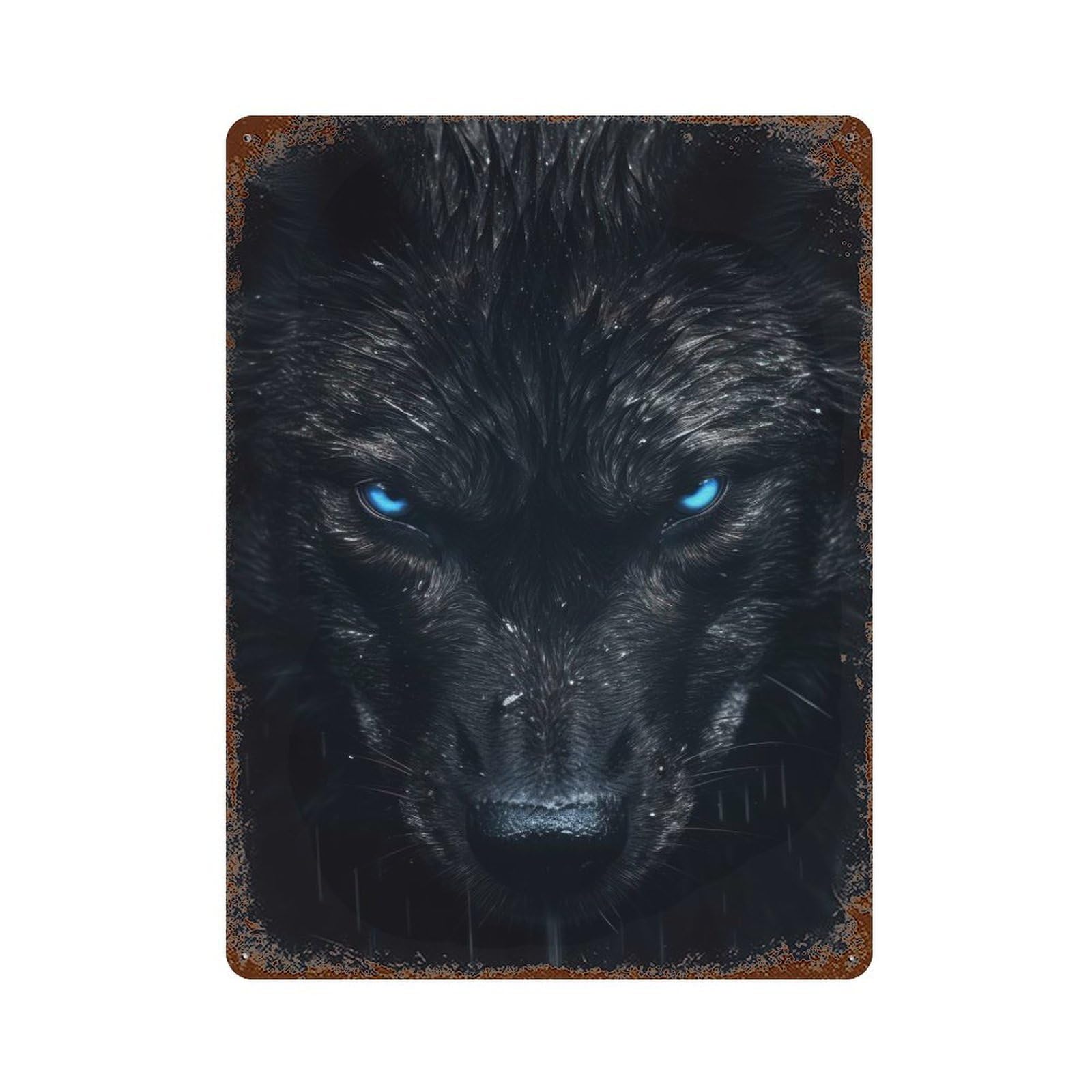 Black Wolf with Blue Eyes Vintage Wall Sign 15.7"x11.8", Rust Effect Metal Decor for Office, Studio And Wall Decor